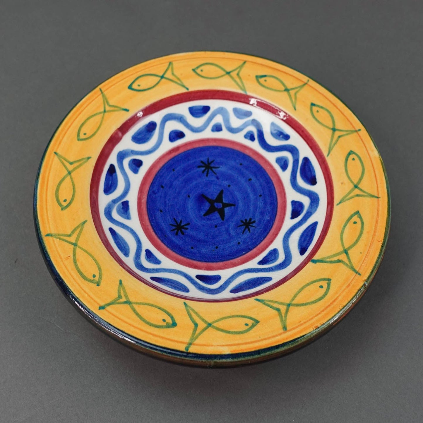 Safi Signed Vintage Moroccan Hand Painted Fish & Stars Pottery Wall Plate Bowl