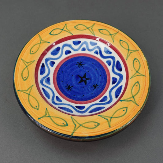 Safi Signed Vintage Moroccan Hand Painted Fish & Stars Pottery Wall Plate Bowl