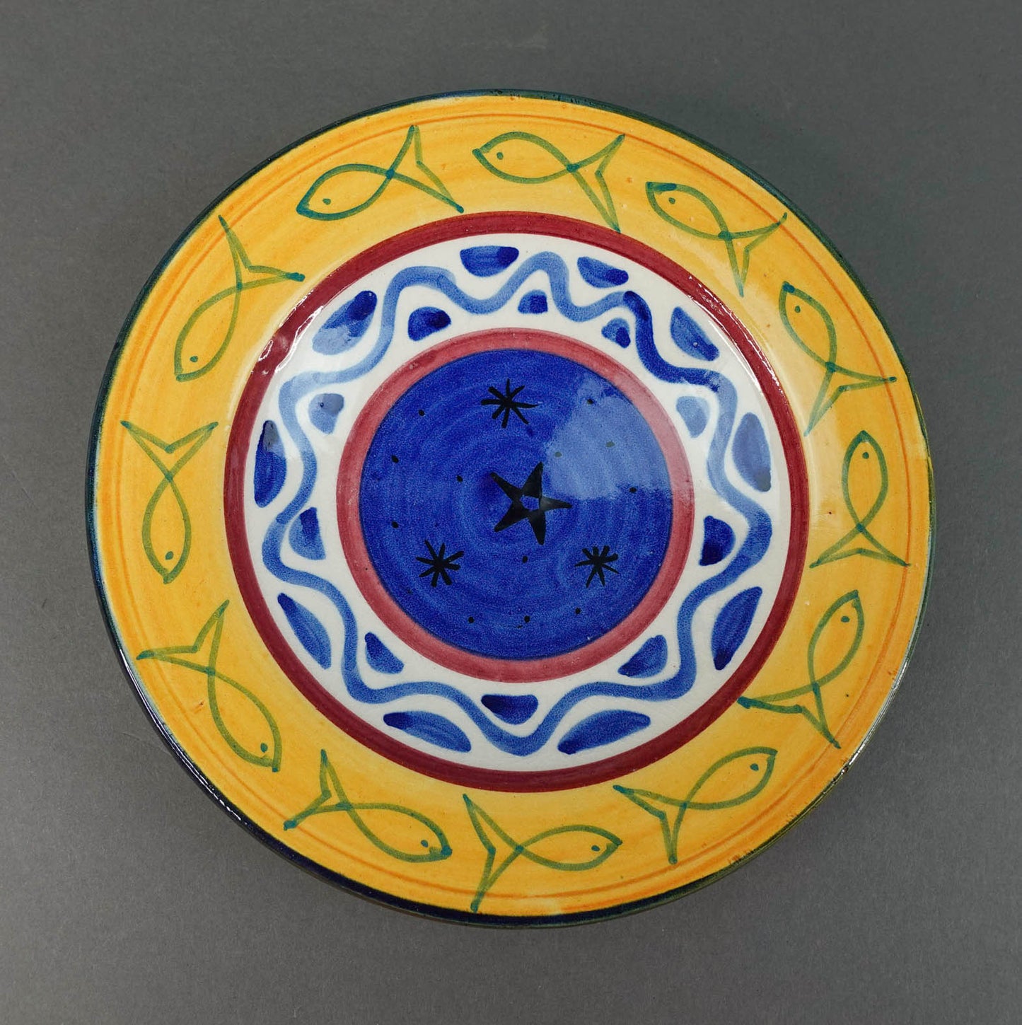 Safi Signed Vintage Moroccan Hand Painted Fish & Stars Pottery Wall Plate Bowl