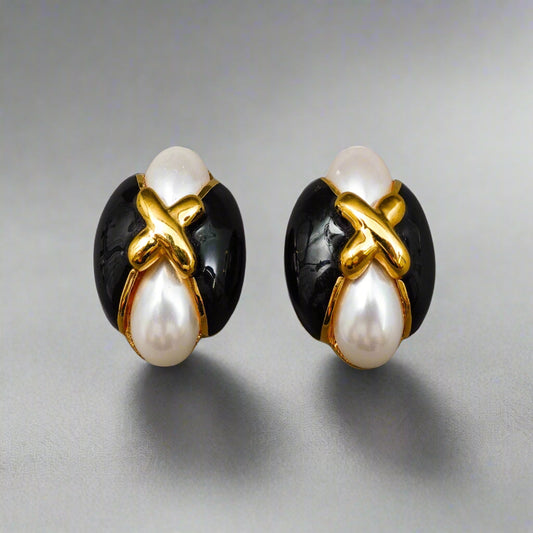 St. John Vintage Gold Tone Faux Pearl Black Enamel Statement Clip Earrings