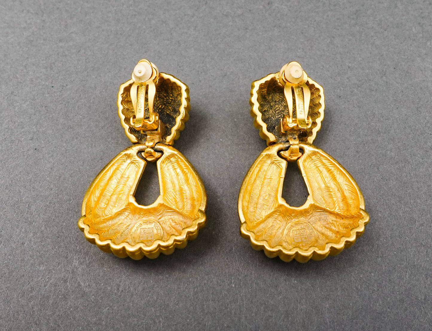 Givenchy Vintage Large Gold Tone Dangle Drop Door Knocker Runway Clip Earrings