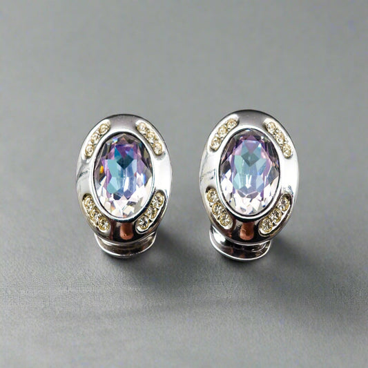 Christian Dior Signed Silver Tone Crystal Rhinestone Stud Clip On Earrings