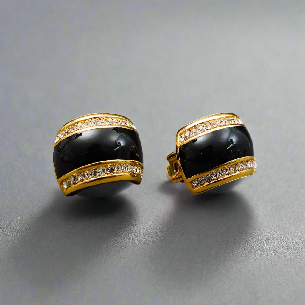 Christian Dior Vintage Black Enamel Rhinestone Gold Tone Clip Couture Earrings