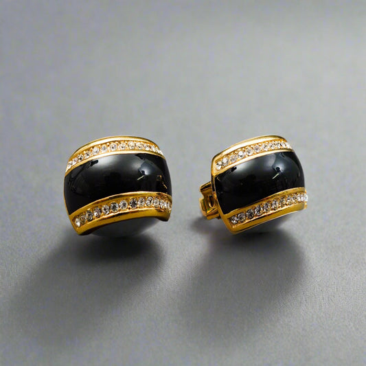 Christian Dior Vintage Black Enamel Rhinestone Gold Tone Clip Couture Earrings
