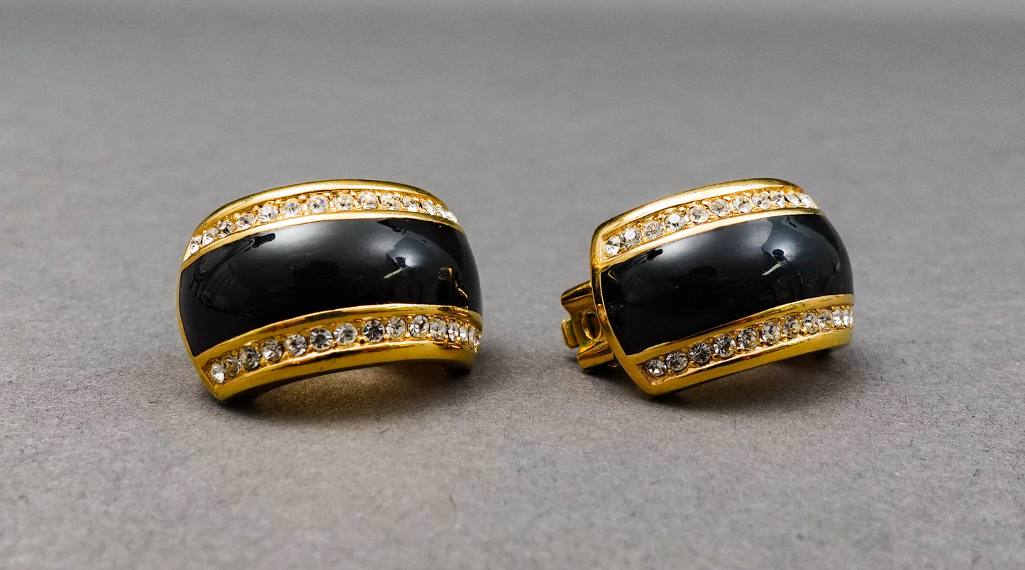 Christian Dior Vintage Black Enamel Rhinestone Gold Tone Clip Couture Earrings