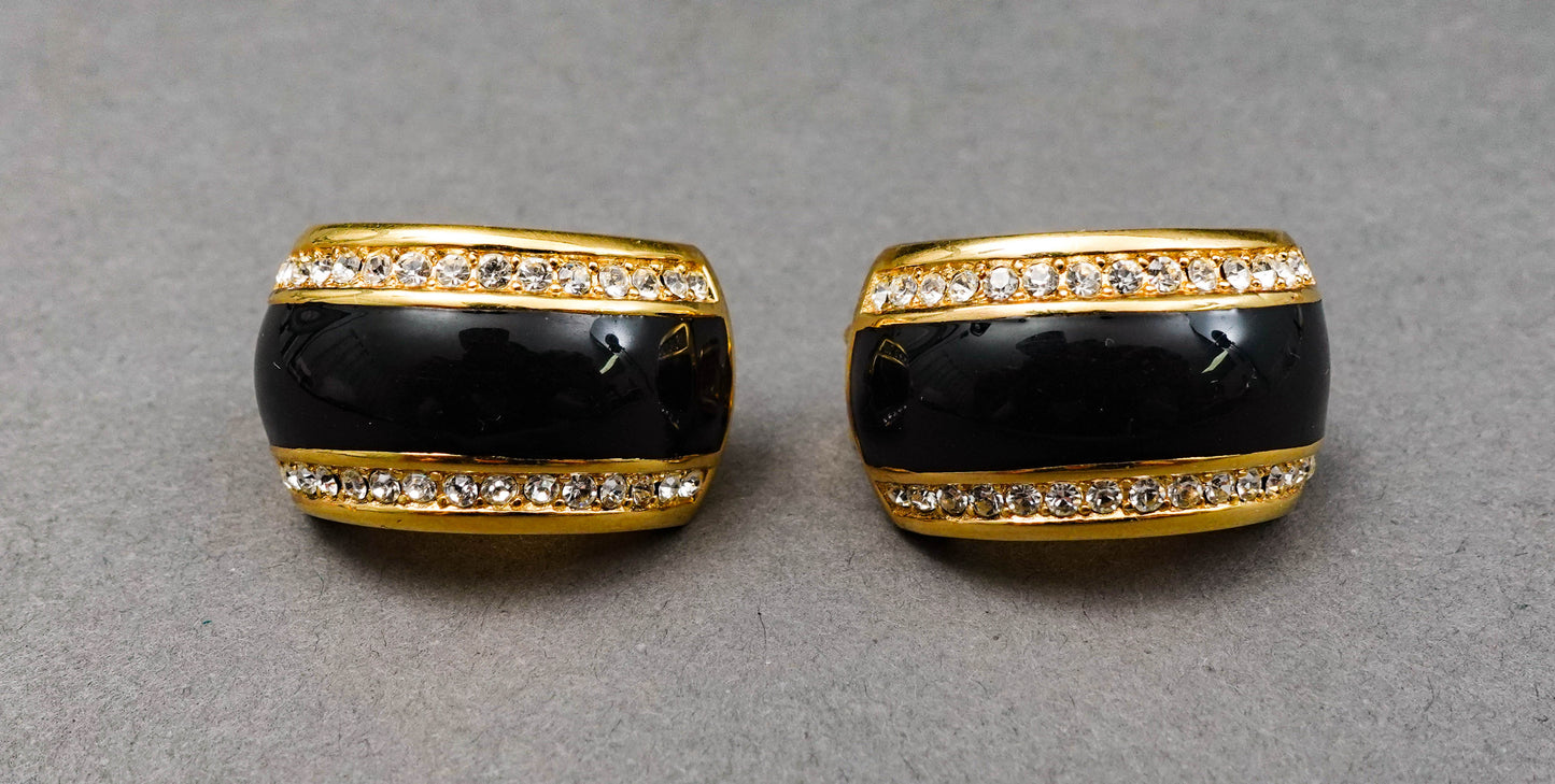 Christian Dior Vintage Black Enamel Rhinestone Gold Tone Clip Couture Earrings