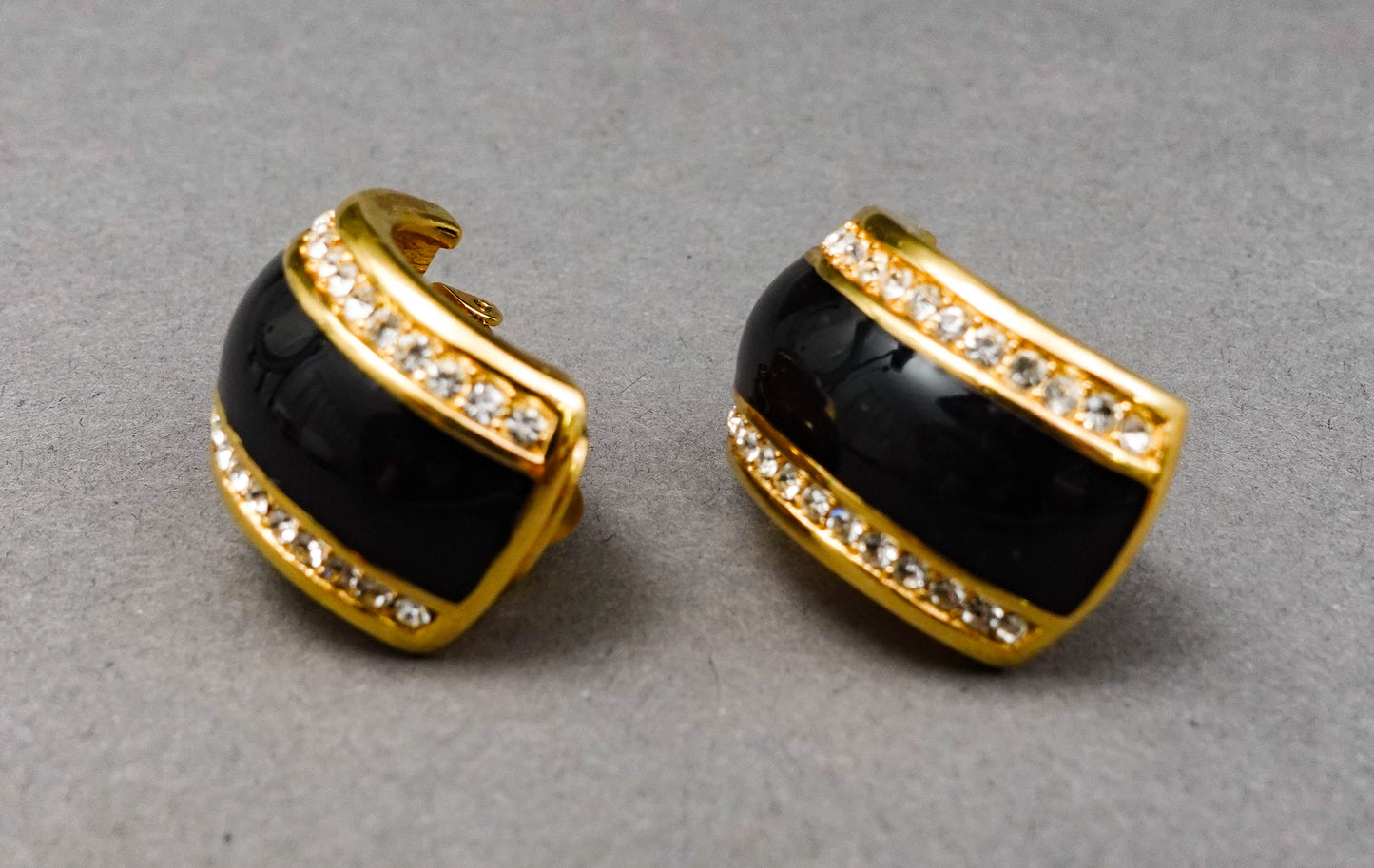 Christian Dior Vintage Black Enamel Rhinestone Gold Tone Clip Couture Earrings