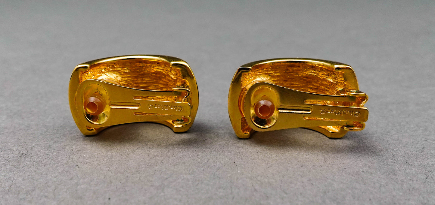 Christian Dior Vintage Black Enamel Rhinestone Gold Tone Clip Couture Earrings