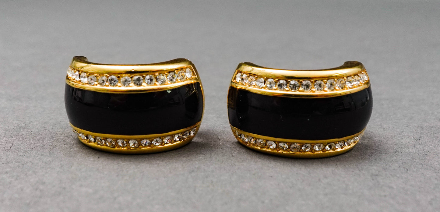 Christian Dior Vintage Black Enamel Rhinestone Gold Tone Clip Couture Earrings