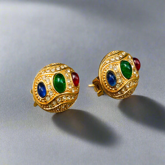 Christian Dior Vintage Multi Color Gripoix Cabochon Glass Gold Clip On Earrings