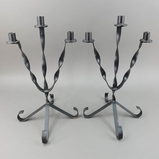 Pair Of Vintage MCM Twisted Wrought Iron Candle Candlesticks Candelabras