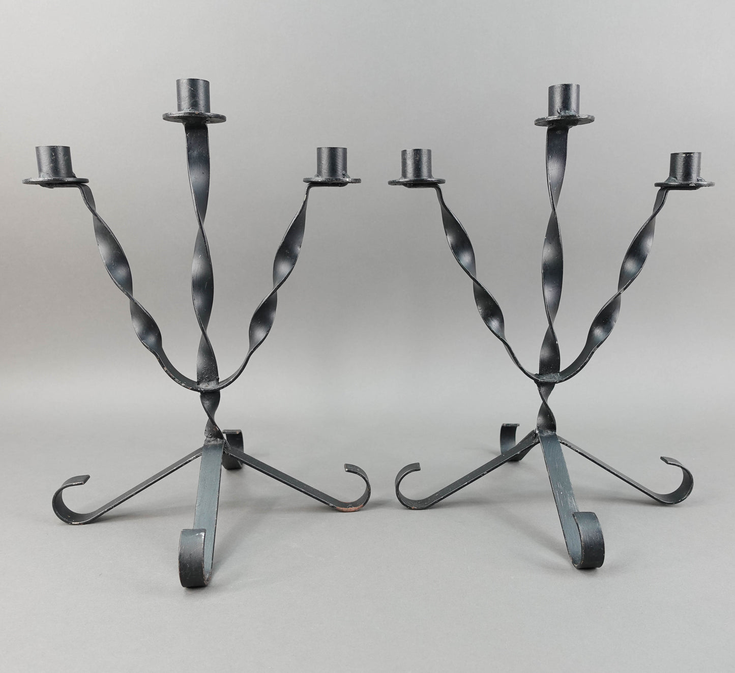 Pair Of Vintage MCM Twisted Wrought Iron Candle Candlesticks Candelabras