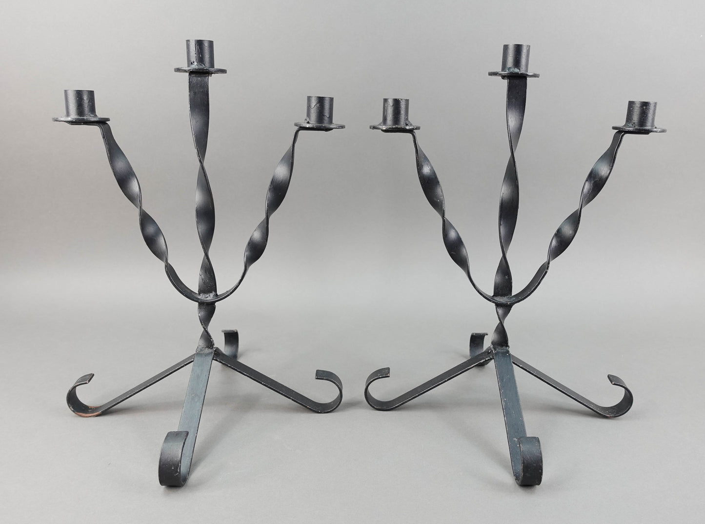 Pair Of Vintage MCM Twisted Wrought Iron Candle Candlesticks Candelabras