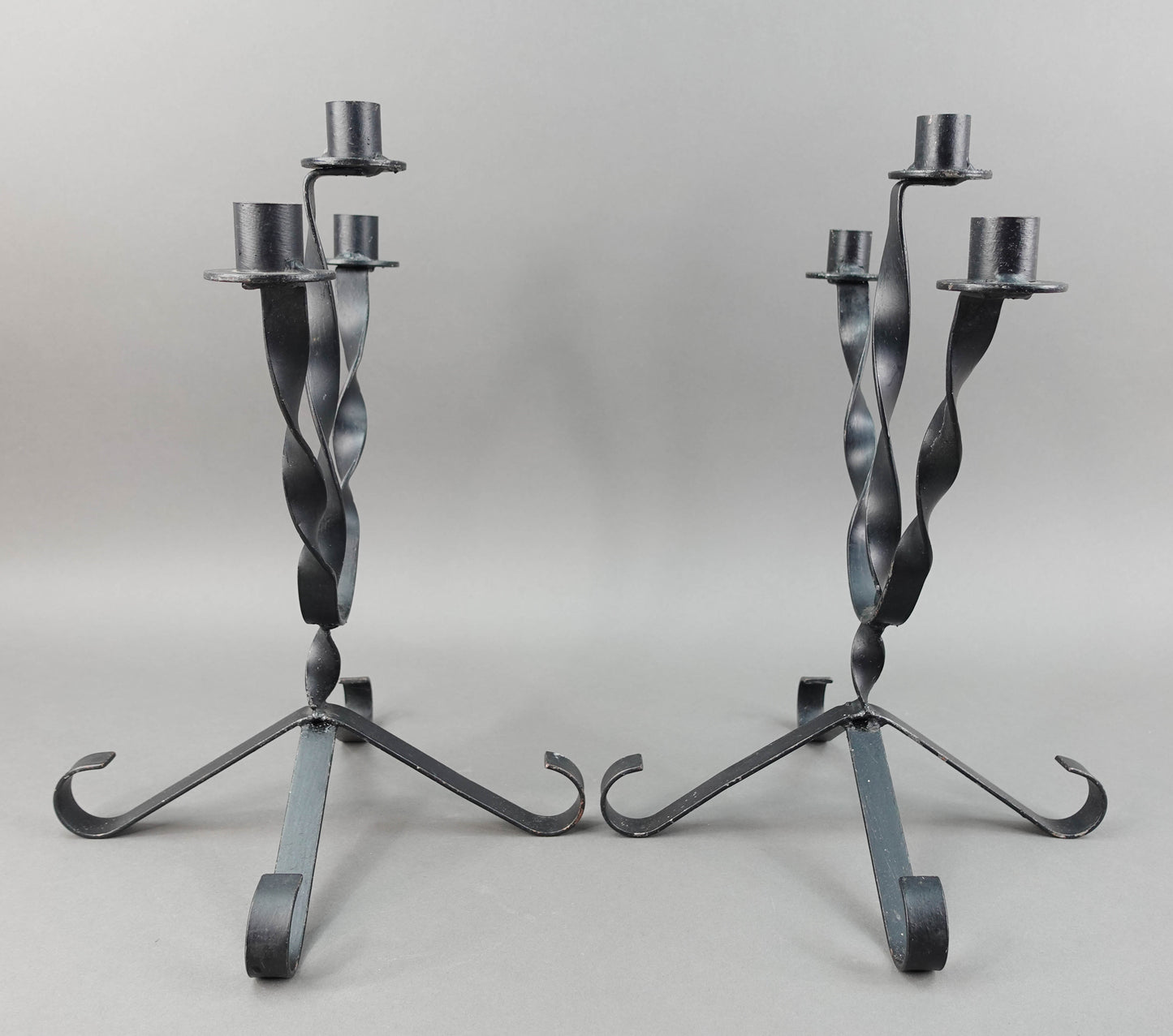 Pair Of Vintage MCM Twisted Wrought Iron Candle Candlesticks Candelabras