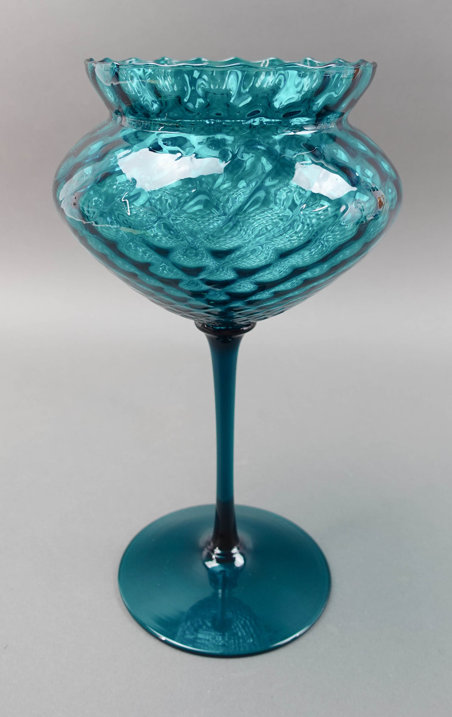 Empoli Italian MCM Teal Optic Art Glass Stem Goblet Bowl Compote Vase 12"