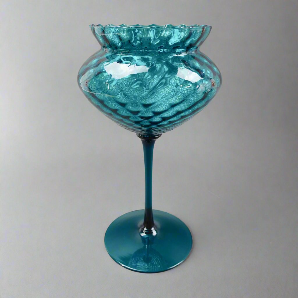 Empoli Italian MCM Teal Optic Art Glass Stem Goblet Bowl Compote Vase 12"