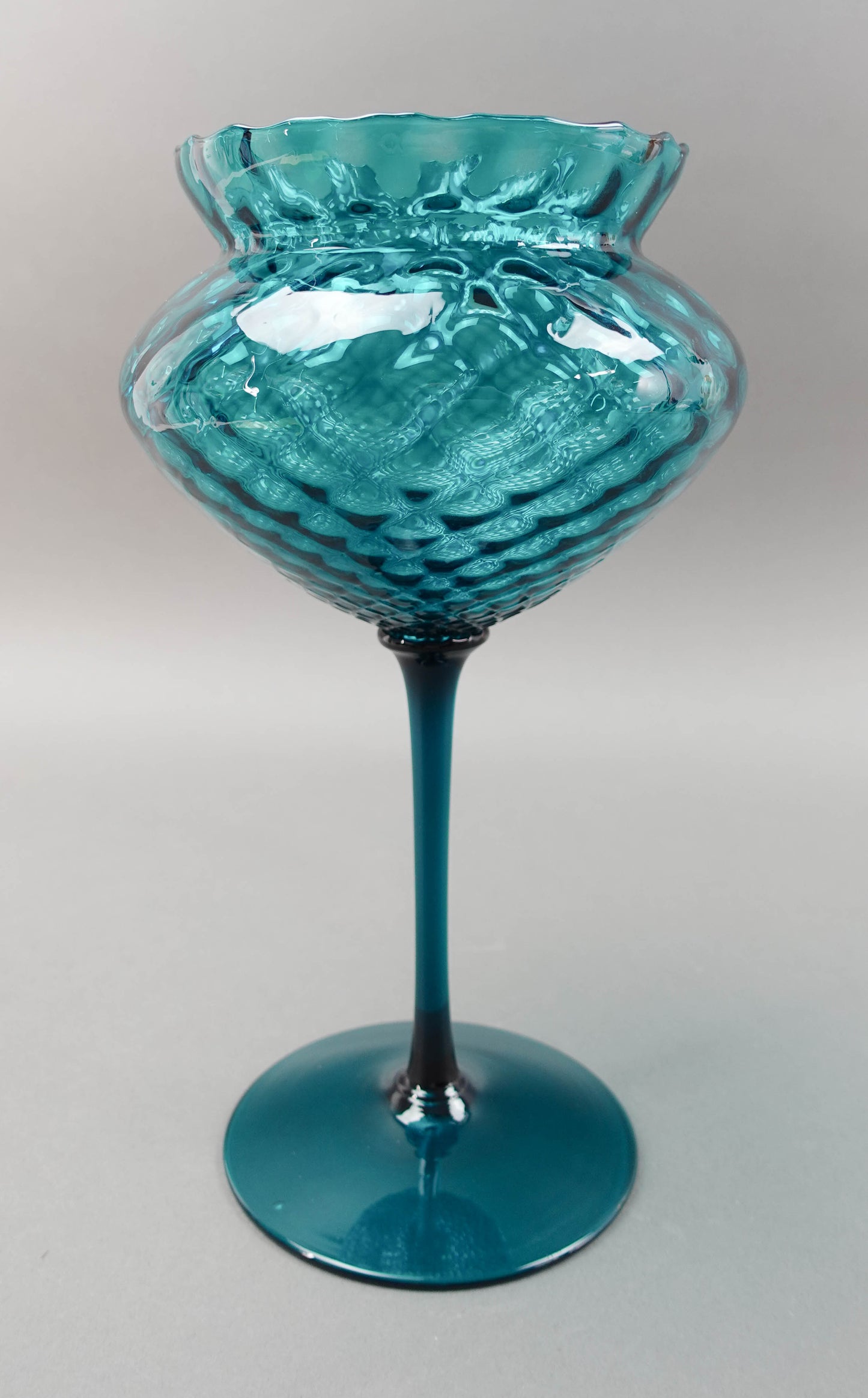 Empoli Italian MCM Teal Optic Art Glass Stem Goblet Bowl Compote Vase 12"