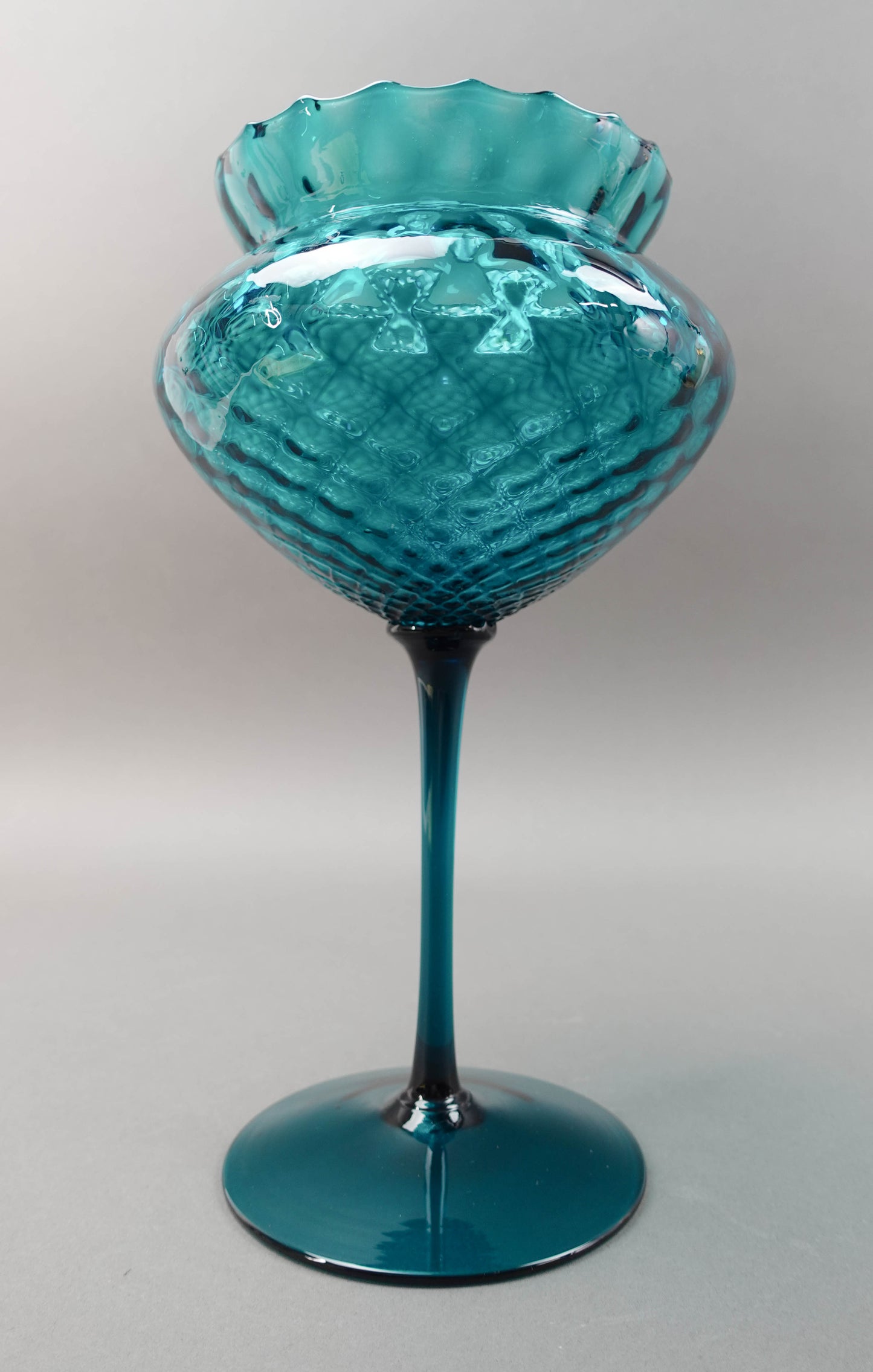 Empoli Italian MCM Teal Optic Art Glass Stem Goblet Bowl Compote Vase 12"