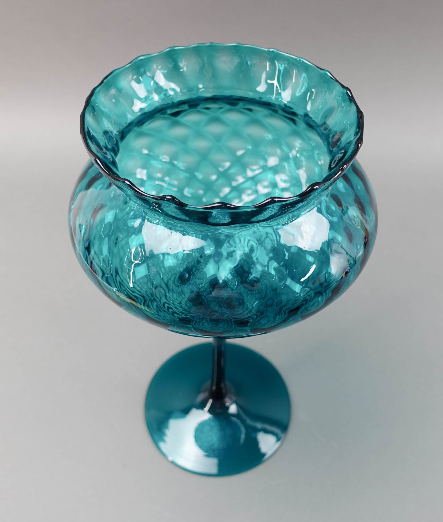 Empoli Italian MCM Teal Optic Art Glass Stem Goblet Bowl Compote Vase 12"