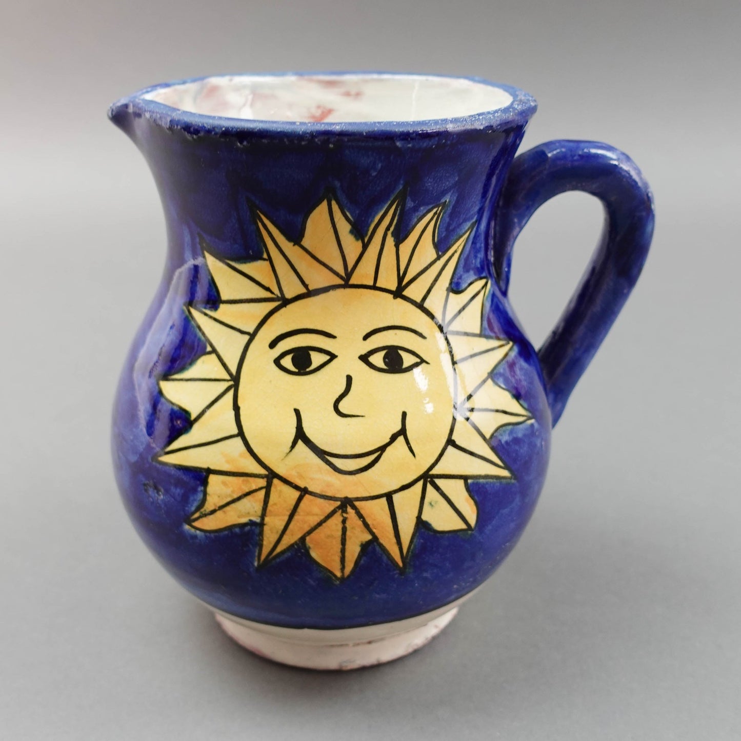 Safi Signed Vintage Moroccan Hand Painted Sun Pottery Pitcher