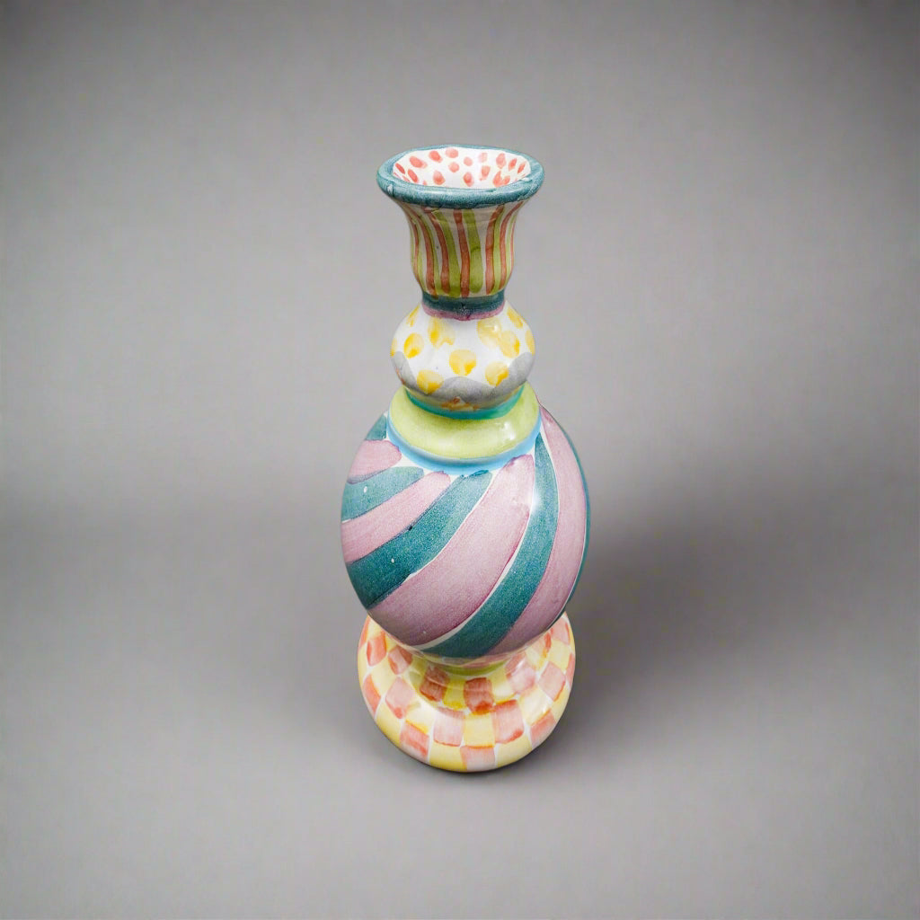 MacKenzie Childs Cayuga Hand Painted Bud Vase Candle Stick Candle Holder 7 1/4"