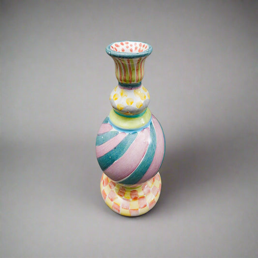 MacKenzie Childs Cayuga Hand Painted Bud Vase Candle Stick Candle Holder 7 1/4"