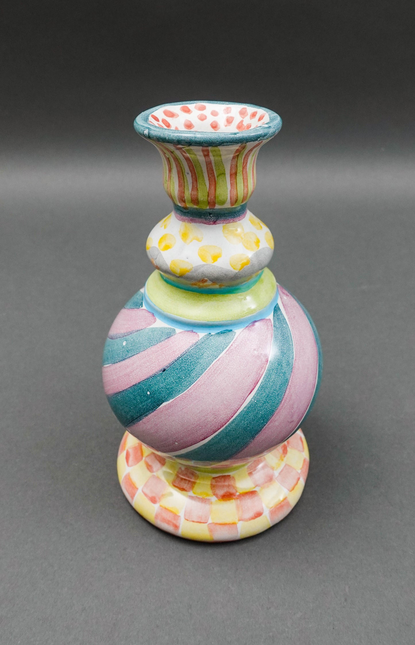 MacKenzie Childs Cayuga Hand Painted Bud Vase Candle Stick Candle Holder 7 1/4"