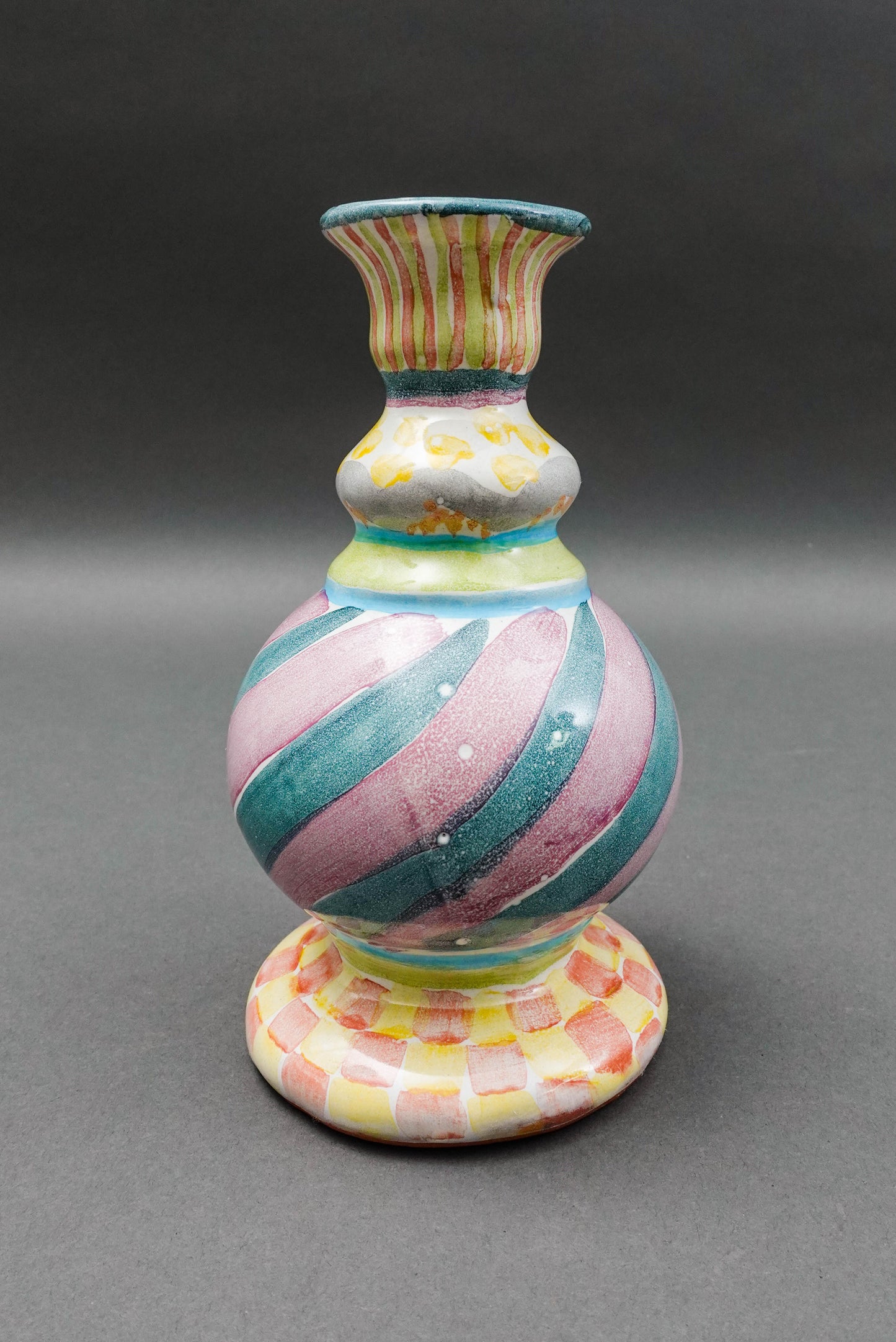 MacKenzie Childs Cayuga Hand Painted Bud Vase Candle Stick Candle Holder 7 1/4"