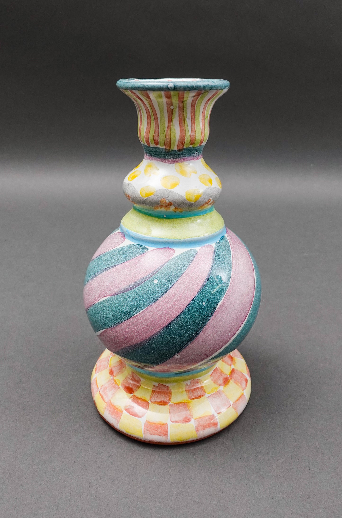 MacKenzie Childs Cayuga Hand Painted Bud Vase Candle Stick Candle Holder 7 1/4"