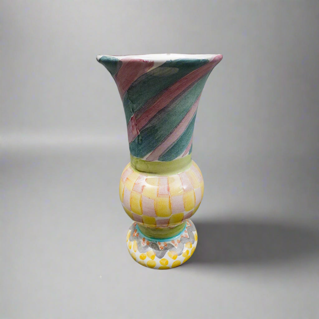 MacKenzie Childs Vintage Cayuga Hand Painted Art Pottery Footed Trumpet Vase 7"