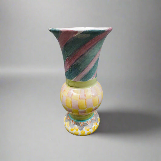 MacKenzie Childs Vintage Cayuga Hand Painted Art Pottery Footed Trumpet Vase 7"