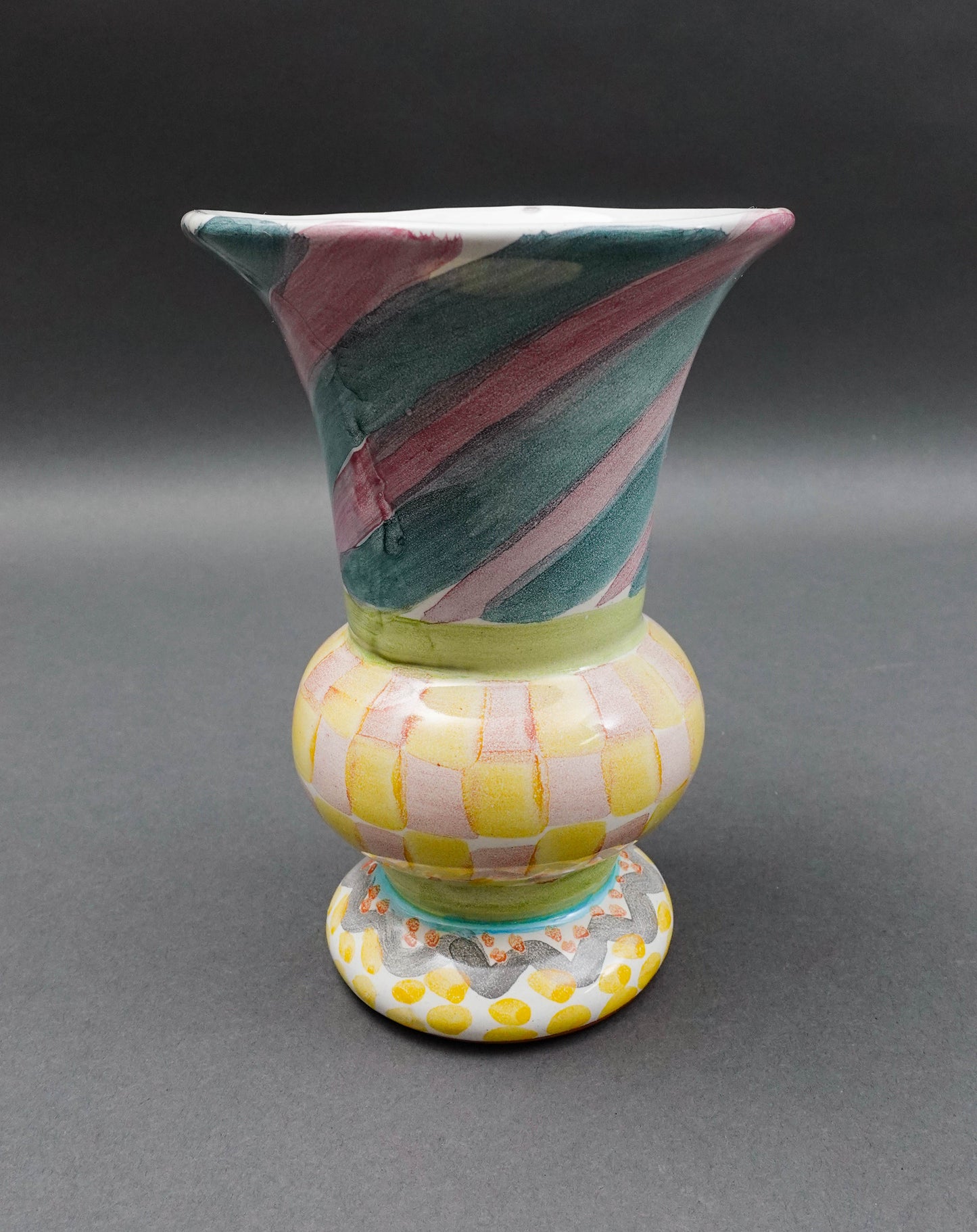 MacKenzie Childs Vintage Cayuga Hand Painted Art Pottery Footed Trumpet Vase 7"