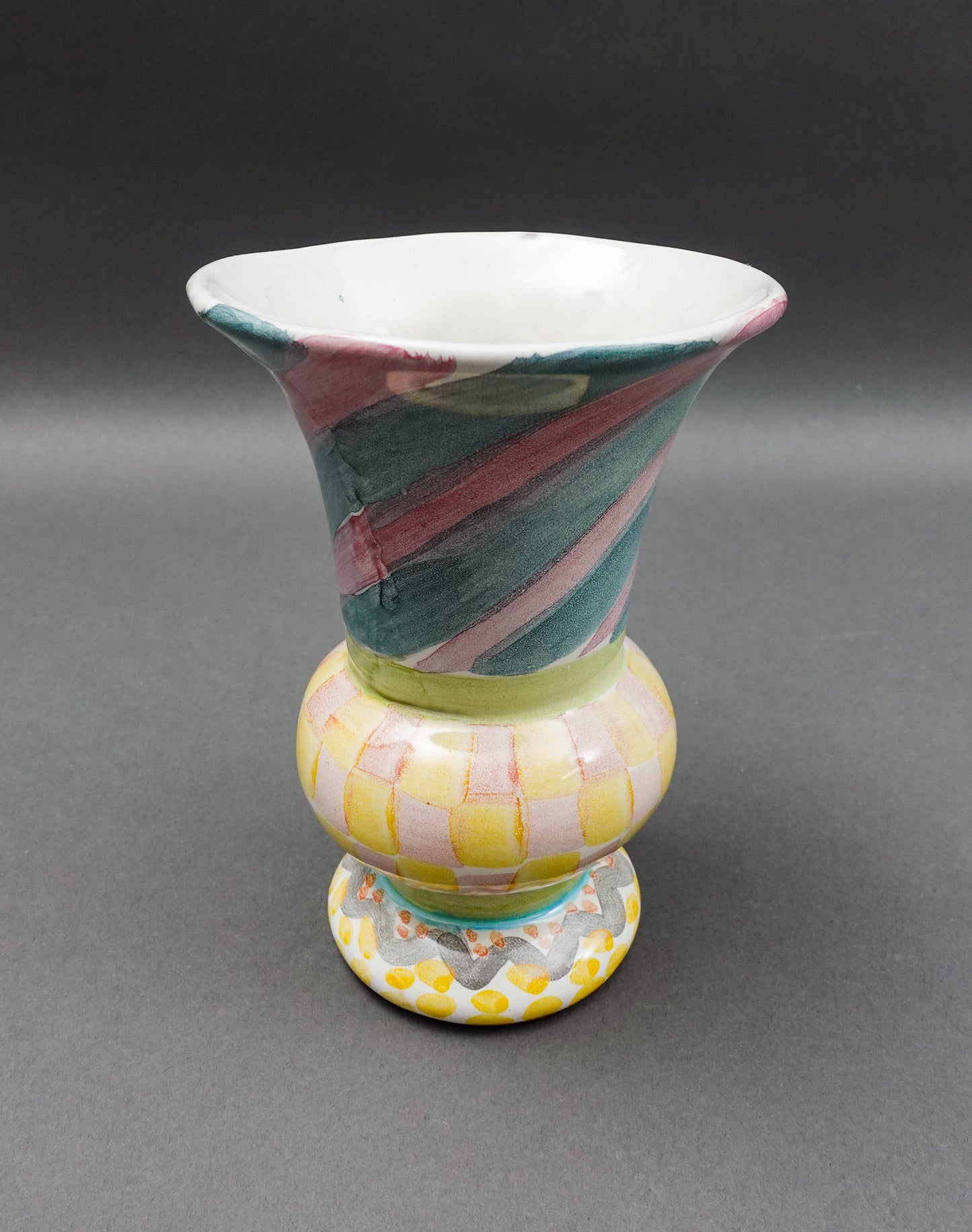 MacKenzie Childs Vintage Cayuga Hand Painted Art Pottery Footed Trumpet Vase 7"