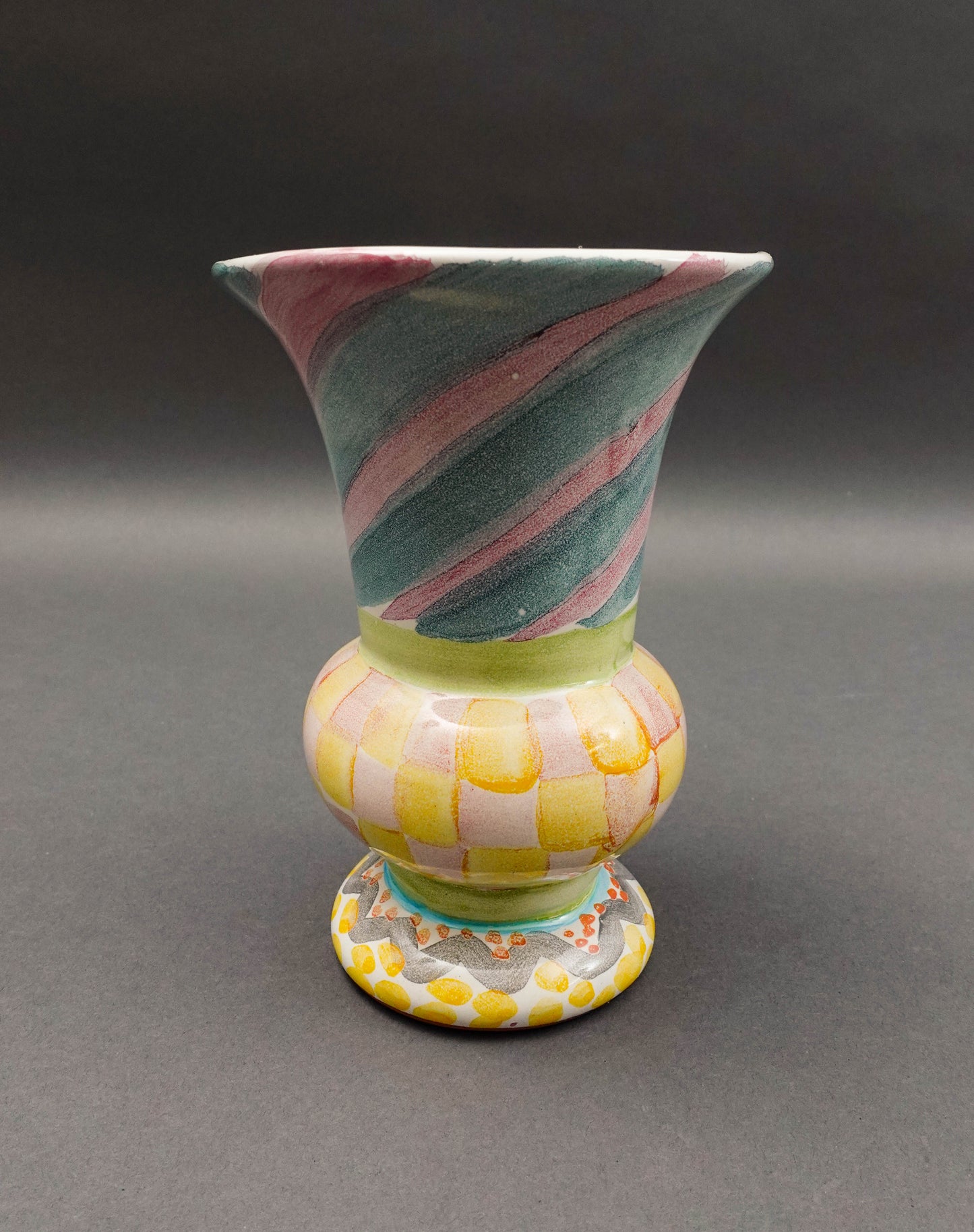 MacKenzie Childs Vintage Cayuga Hand Painted Art Pottery Footed Trumpet Vase 7"