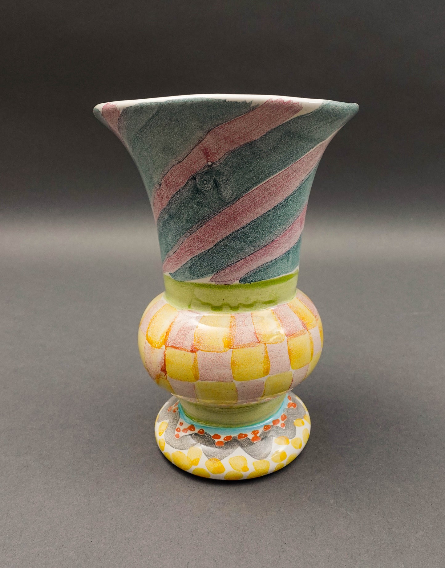 MacKenzie Childs Vintage Cayuga Hand Painted Art Pottery Footed Trumpet Vase 7"