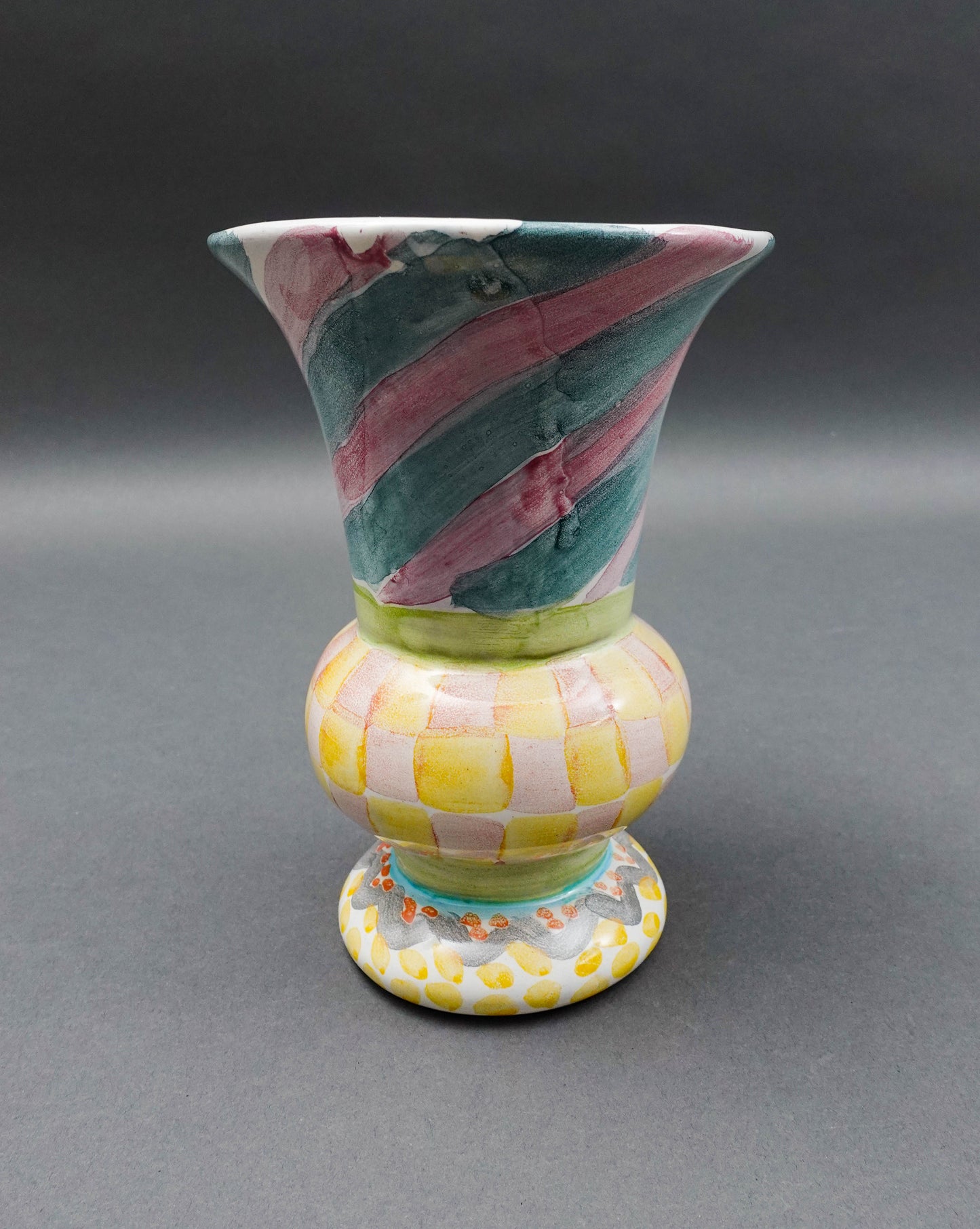 MacKenzie Childs Vintage Cayuga Hand Painted Art Pottery Footed Trumpet Vase 7"