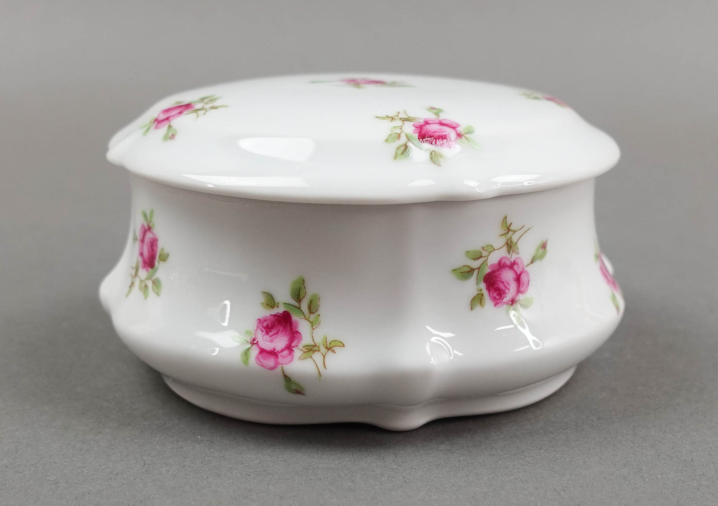 LEC Leclair Limoges France Porcelain Rose Floral Powder Trinket Jewelry Box 5"