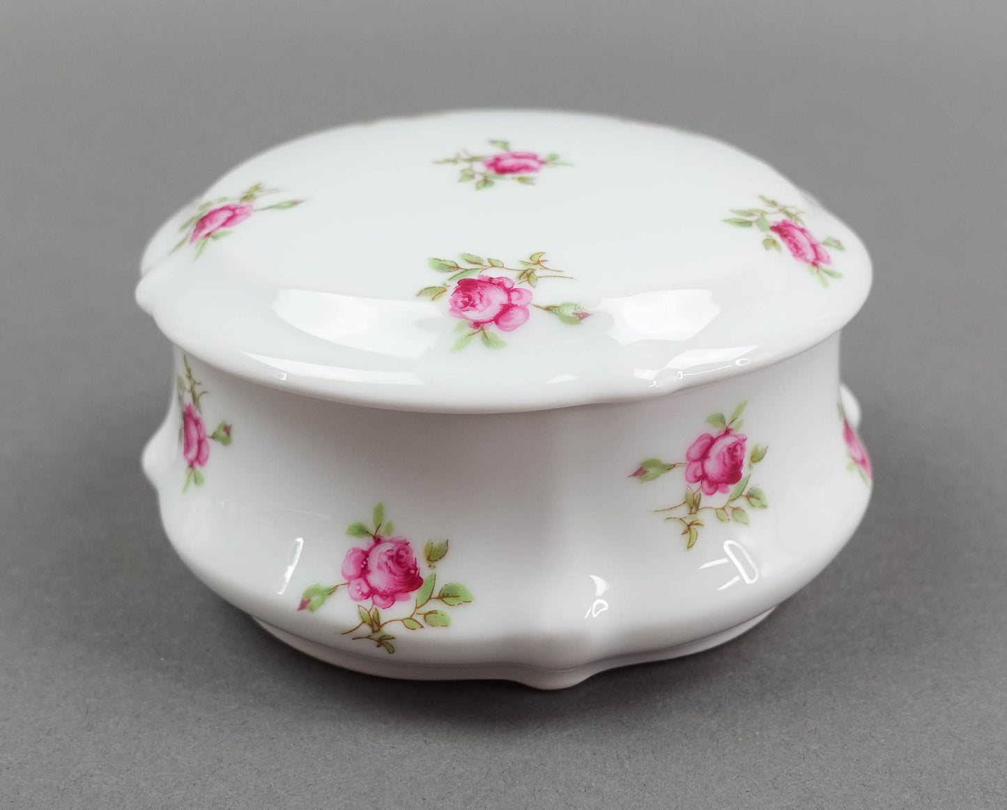 LEC Leclair Limoges France Porcelain Rose Floral Powder Trinket Jewelry Box 5"