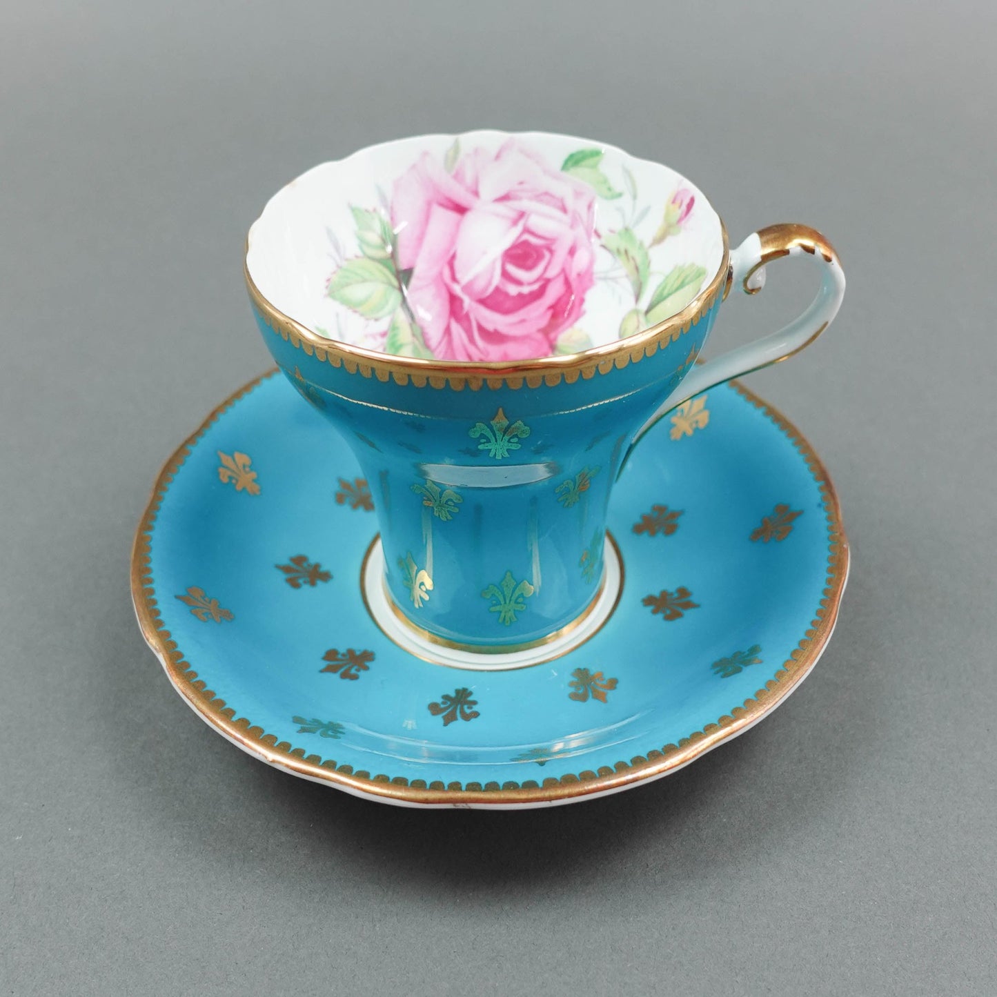 Aynsley England Cabbage Rose Turquoise Blue Gold Fleur De Lis Cup & Saucer C1022