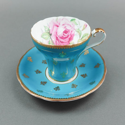 Aynsley England Cabbage Rose Turquoise Blue Gold Fleur De Lis Cup & Saucer C1022