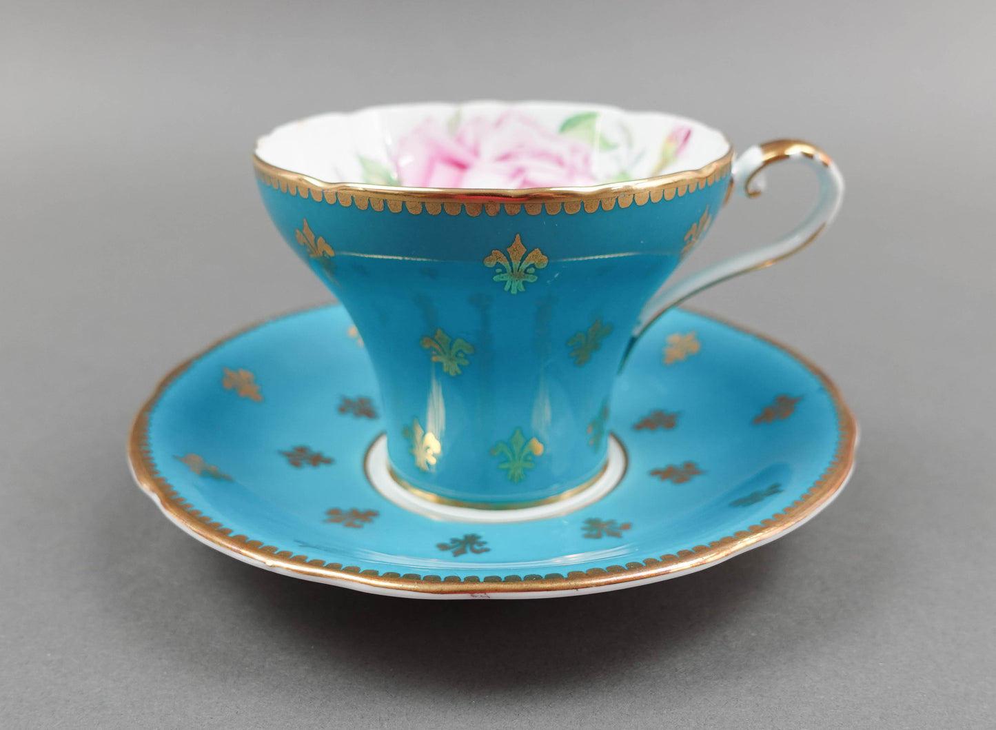 Aynsley England Cabbage Rose Turquoise Blue Gold Fleur De Lis Cup & Saucer C1022