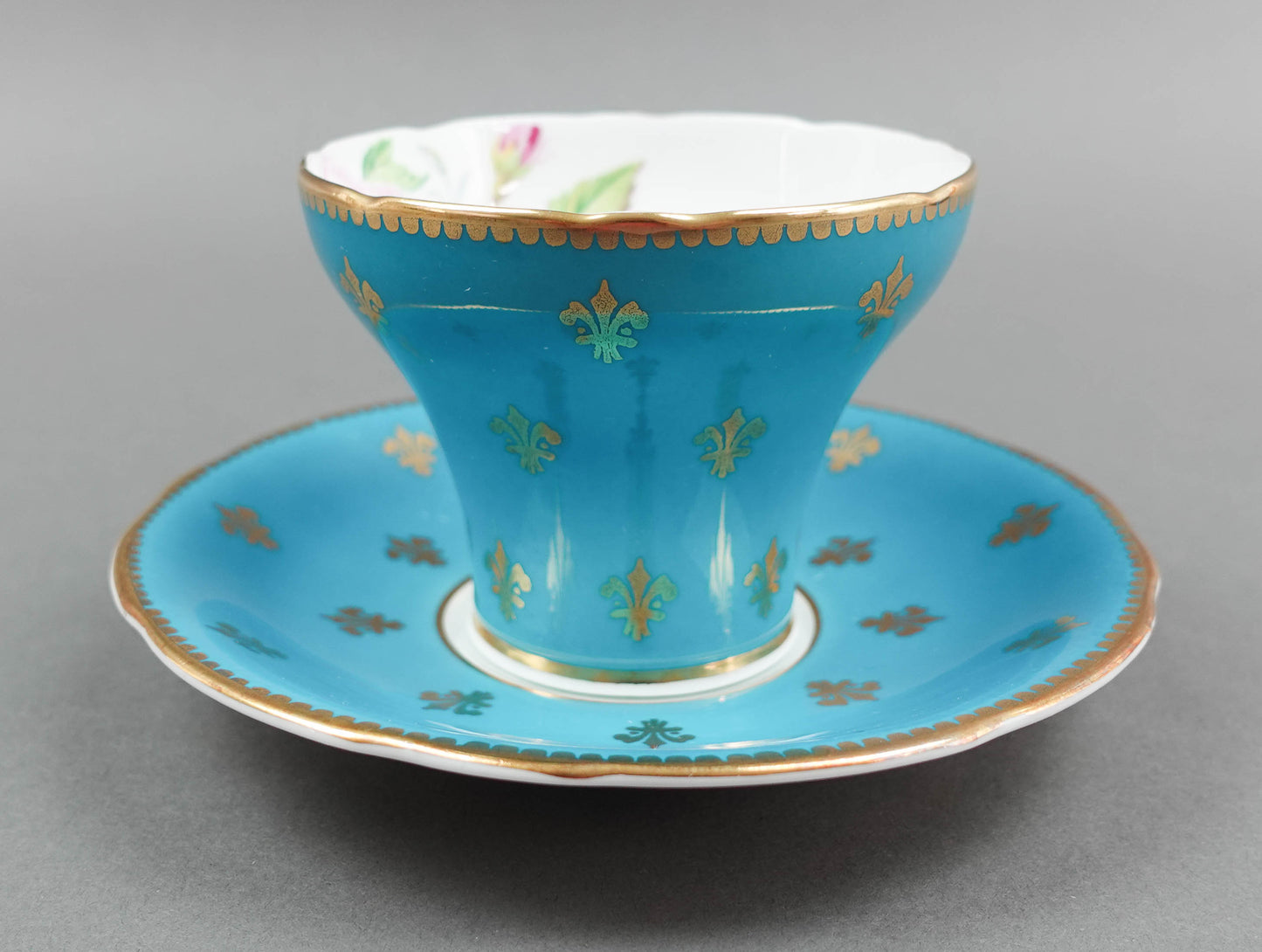 Aynsley England Cabbage Rose Turquoise Blue Gold Fleur De Lis Cup & Saucer C1022