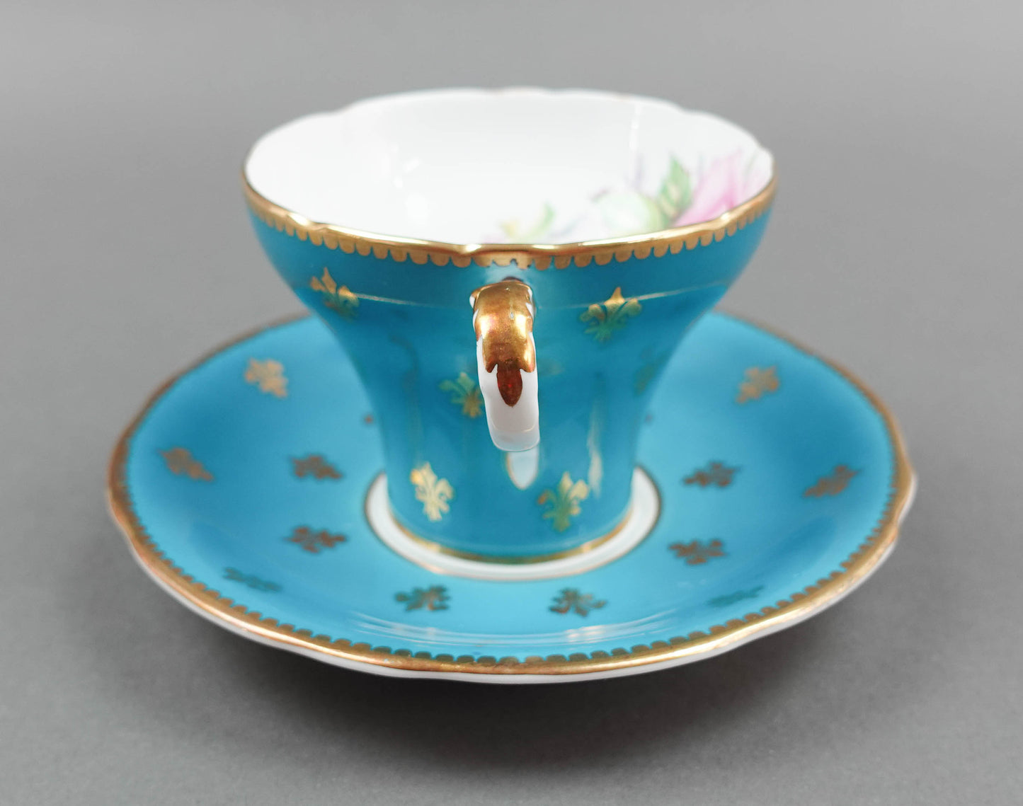 Aynsley England Cabbage Rose Turquoise Blue Gold Fleur De Lis Cup & Saucer C1022