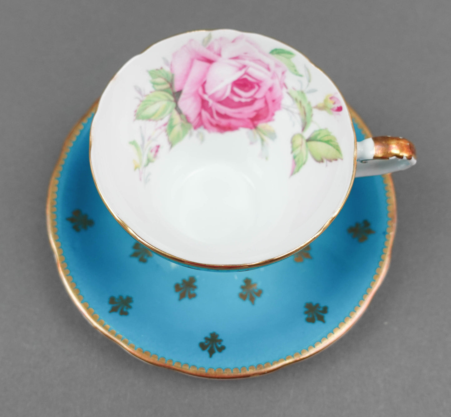 Aynsley England Cabbage Rose Turquoise Blue Gold Fleur De Lis Cup & Saucer C1022