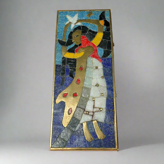 Salvador Teran  Mexico Vintage MCM Brass Mosaic Tile Dancing Star Woman Box