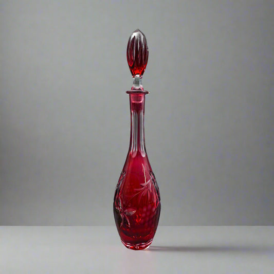 Natchtmann Bleikristall Crystal Germany Cranberry Cut To Clear Glass Decanter