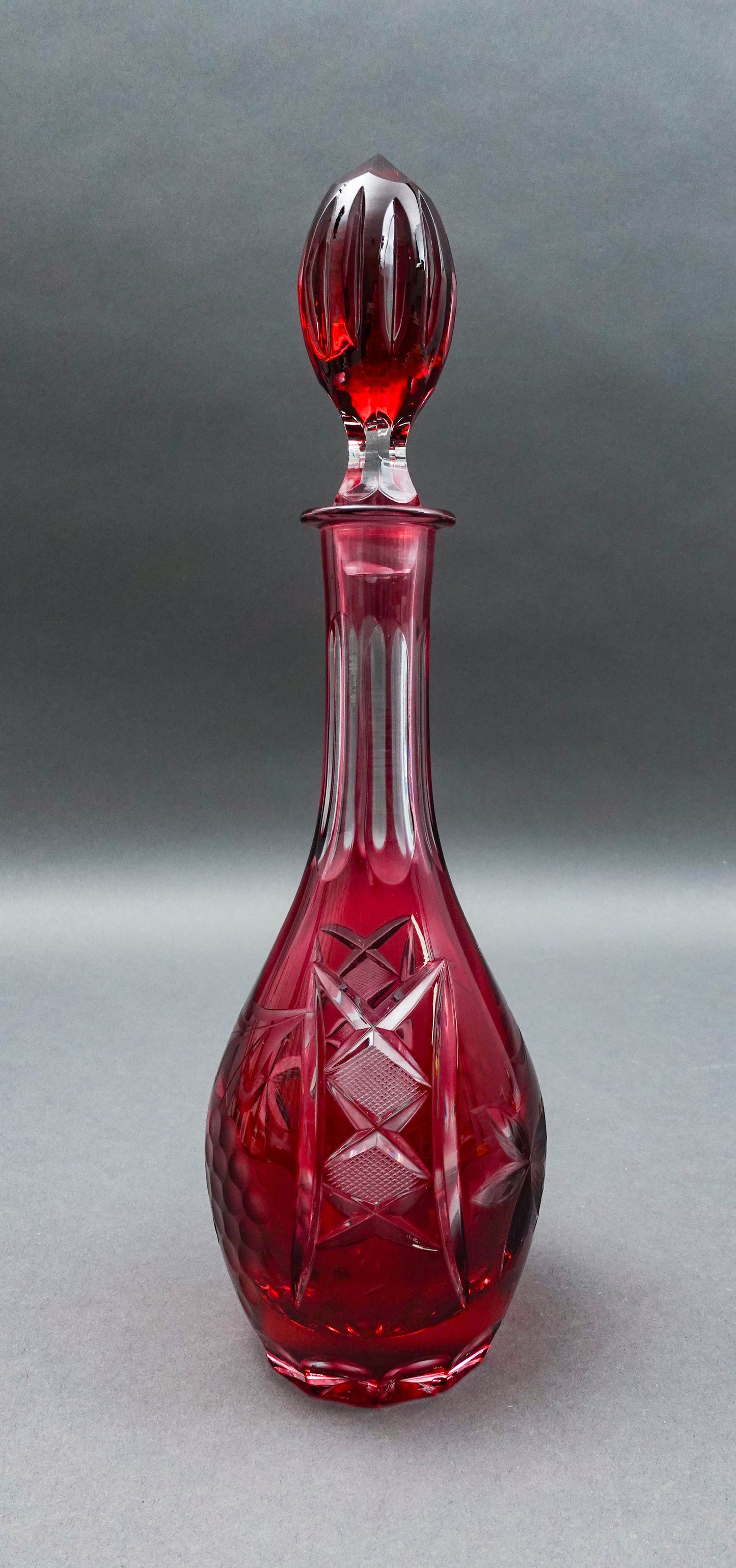 Natchtmann Bleikristall Crystal Germany Cranberry Cut To Clear Glass Decanter