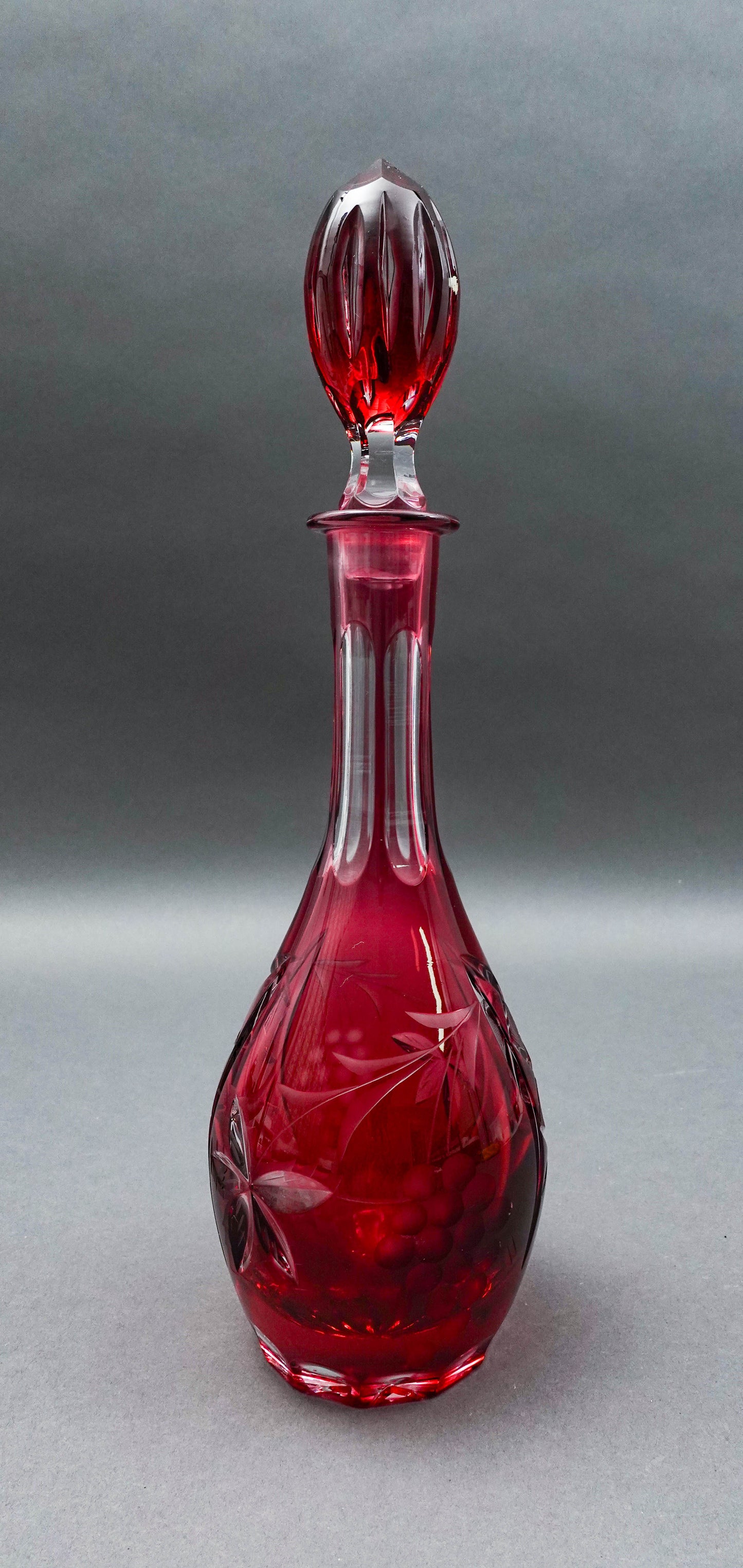 Natchtmann Bleikristall Crystal Germany Cranberry Cut To Clear Glass Decanter
