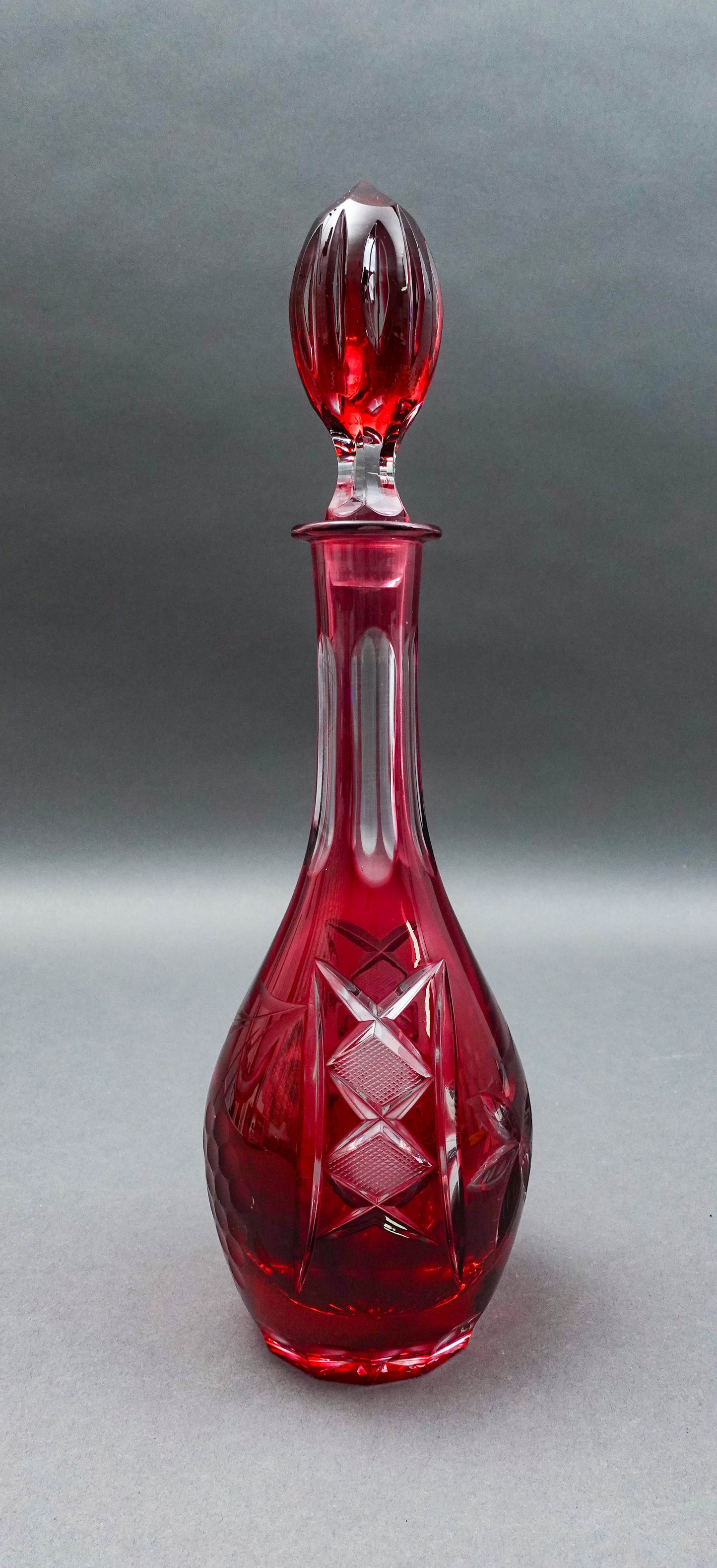 Natchtmann Bleikristall Crystal Germany Cranberry Cut To Clear Glass Decanter