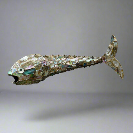 Vintage Abalone Shell Mother Of Pearl & Metal Articulated Fish Bottle Opener 15"